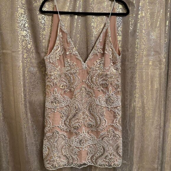 Free People Night Shimmers Gold Nude Sparkly Mini Dress Size 12 - Picture 1 of 8
